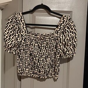 Monteau Black and Cream Puff Sleeve Smocked Crop Top with Chain Print